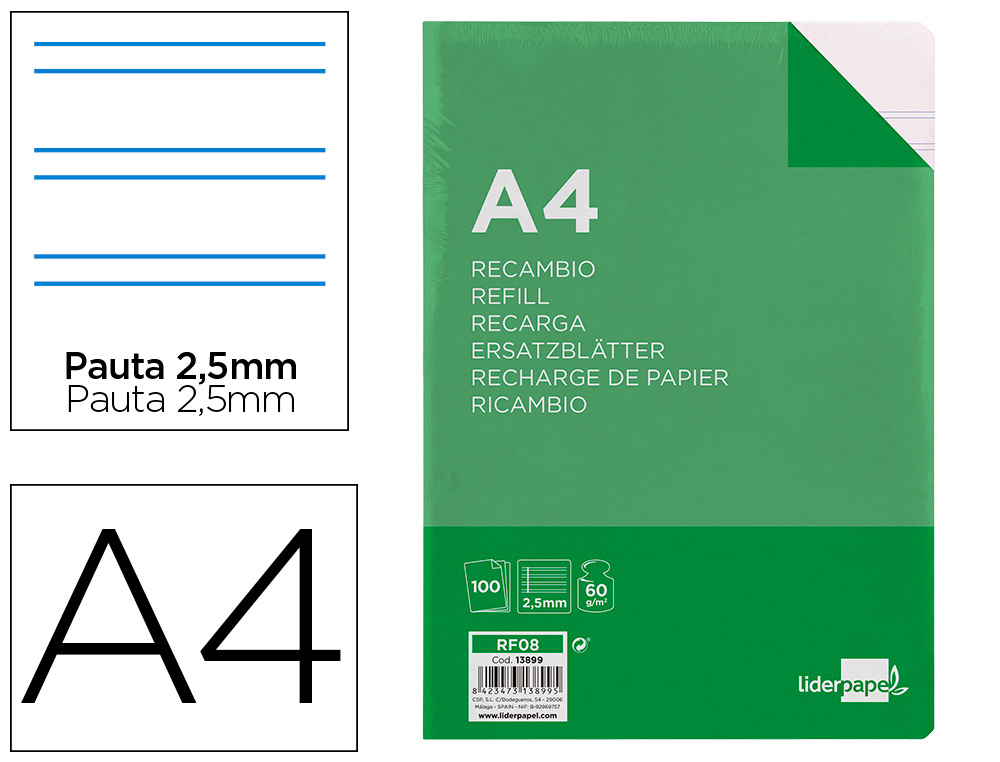 RECAMBIO LIDERPAPEL A4 100 HOJAS 60GR PAUTA 5 2.5MM CON MARGEN 4 TALADROS