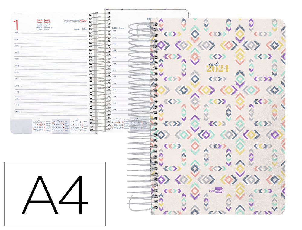 AGENDA ESPIRAL LIDERPAPEL PERISSA A4 2024 DIA PAGINA PAPEL 80 GR DISEO SQUARE
