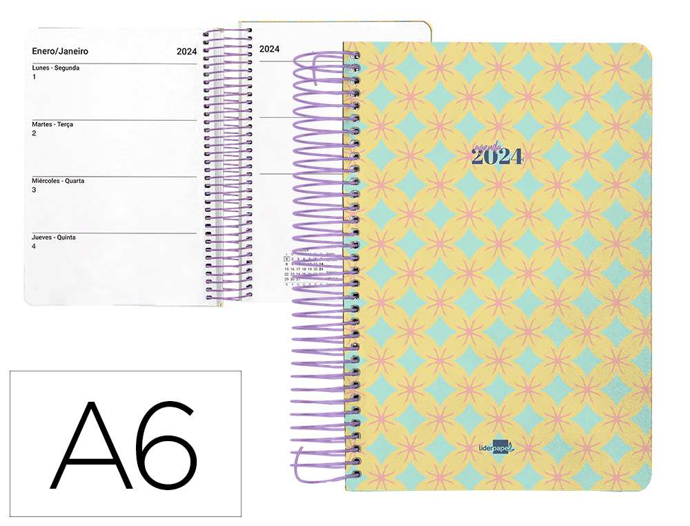 AGENDA ESPIRAL LIDERPAPEL PERISSA A6 2024 SEMANA VISTA PAPEL 80 GR DISEO CIRCLE