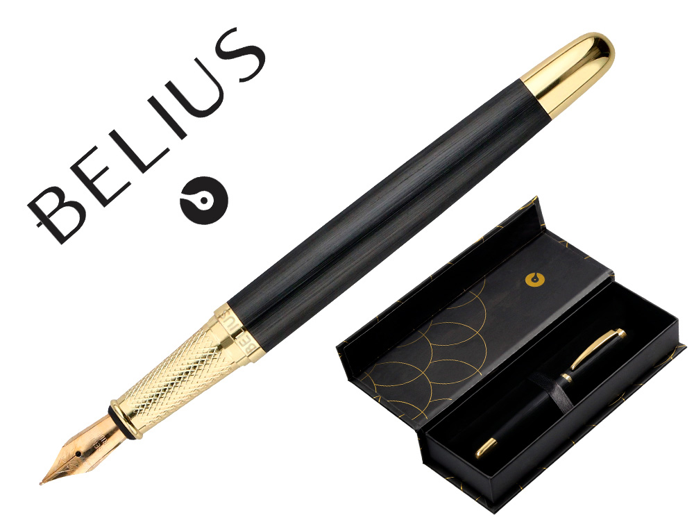 PLUMA BELIUS PASSION DOR ALUMINIO TEXTURA CEPILLADA COLOR NEGRO Y DORADO TINTA AZUL CAJA DE DISEO
