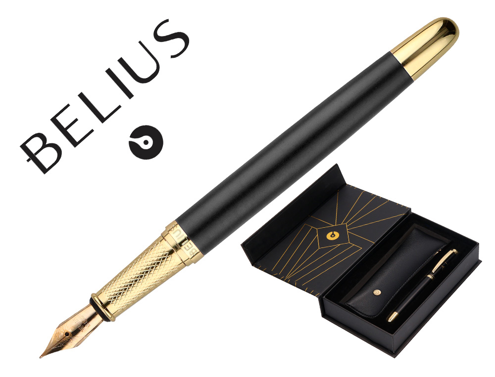 PLUMA Y ESTUCHE BELIUS SOIREE COLOR ART DECO NEGRO Y DORADO TINTA AZUL CAJA DE DISEO