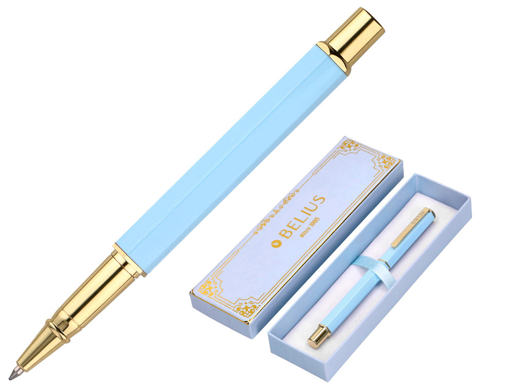 BOLIGRAFO BELIUS MACARON BLISS FORMA HEXAGONAL COLOR CELESTE Y DORADO TINTA AZUL CAJA DE DISEO