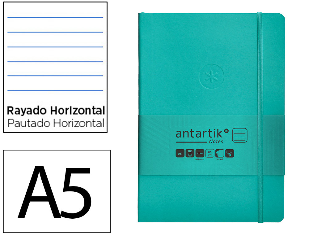 CUADERNO CON GOMILLA ANTARTIK NOTES TAPA BLANDA A5 HOJAS RAYAS TURQUESA 80 HOJAS 80 GR FSC