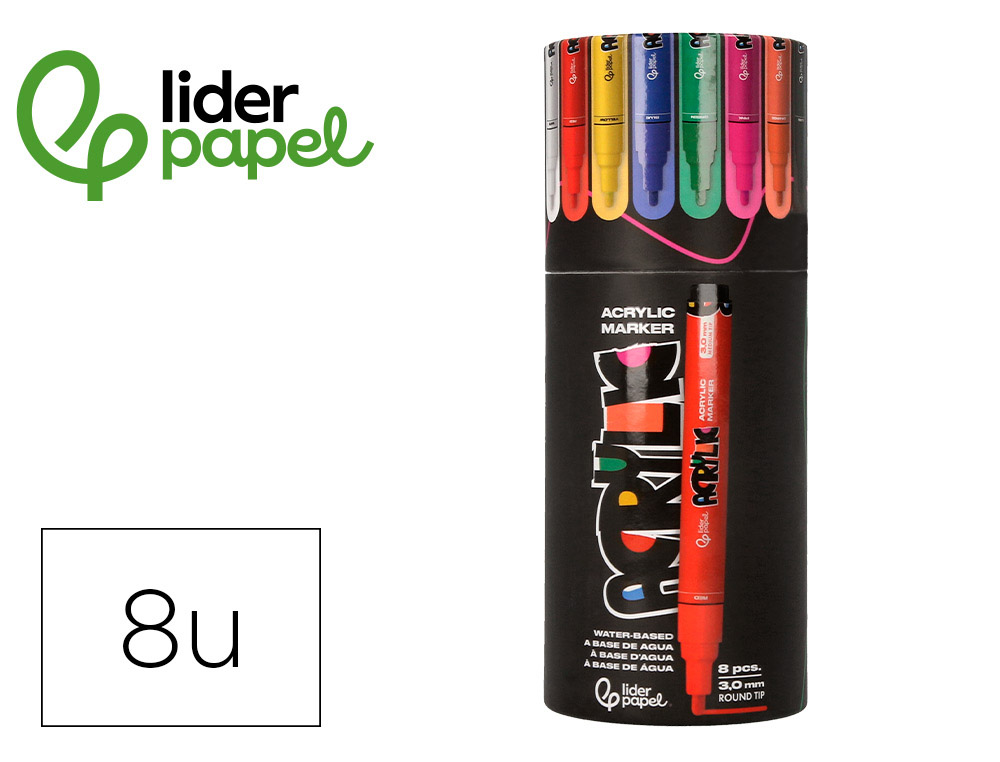 ROTULADOR LIDERPAPEL ACRYLIC BASE AGUA TODO TIPO DE SUPERFICIE PUNTA REDONDA 3MM CAJA DE 8 UNIDADES COLORES INTENSOS
