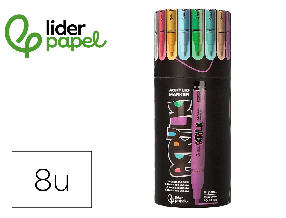 ROTULADOR LIDERPAPEL ACRYLIC BASE AGUA TODO TIPO DE SUPERFICIE PUNTA REDONDA 3MM CAJA DE 8 UNIDADES COLORES PASTEL
