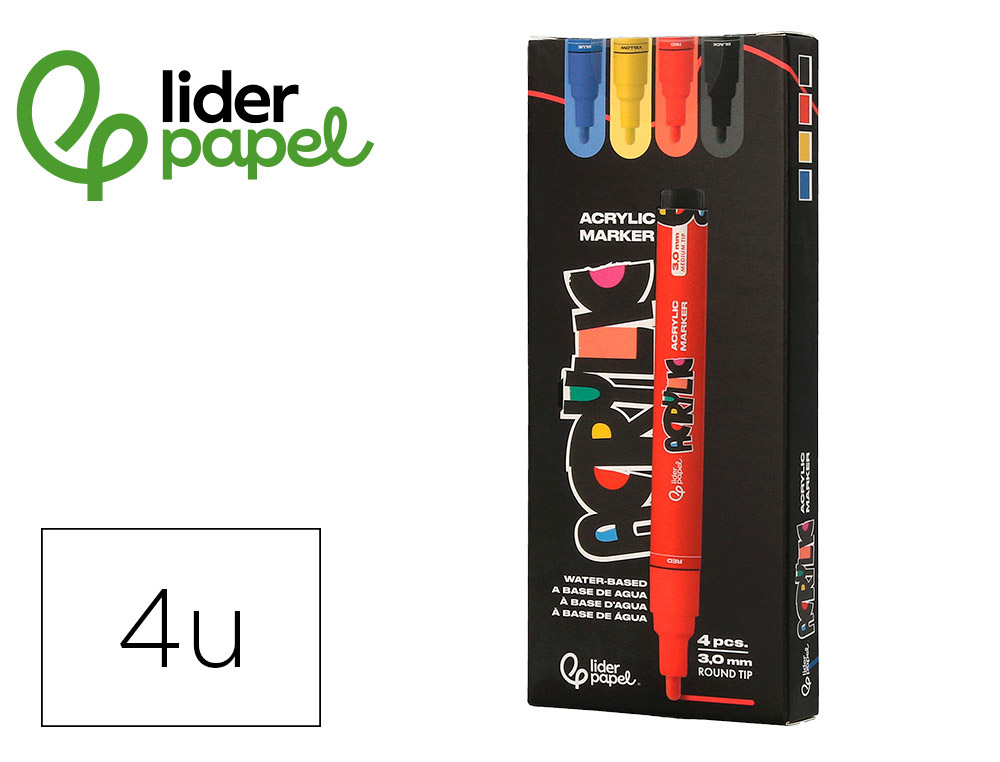 ROTULADOR LIDERPAPEL ACRYLIC BASE AGUA TODO TIPO DE SUPERFICIE PUNTA REDONDA 3 MM CAJA DE 4 UNIDADES COLORES BASICOS
