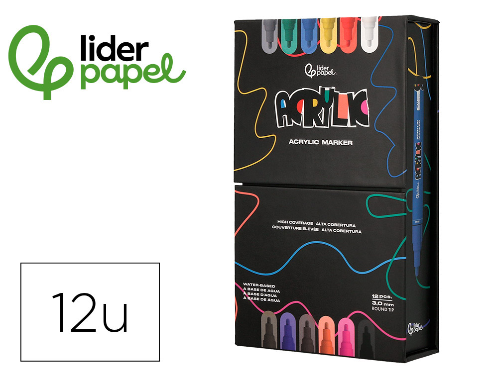 ROTULADOR LIDERPAPEL ACRYLIC BASE AGUA TODO TIPO DE SUPERFICIE PUNTA REDONDA 3 MM CAJA DE 12 UNIDADES COLORES SURTIDOS