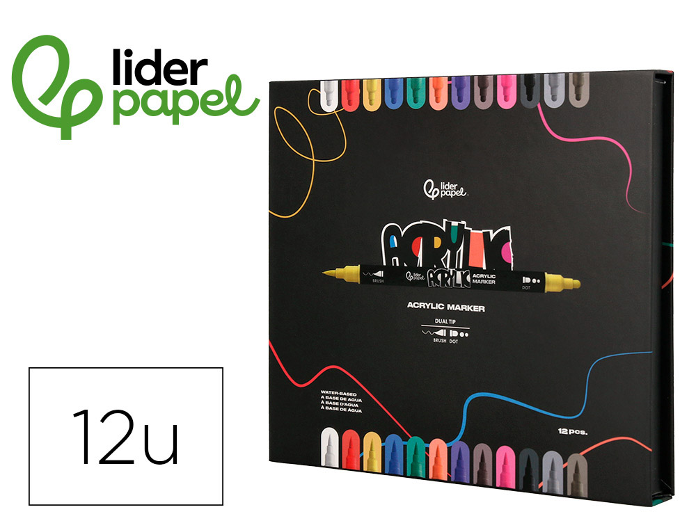 ROTULADOR LIDERPAPEL ACRYLIC BASE AGUA TODO TIPO DE SUPERFICIE DOBLE PUNTA PINCEL Y DOT CAJA DE 12 UNIDADES SURTIDAS