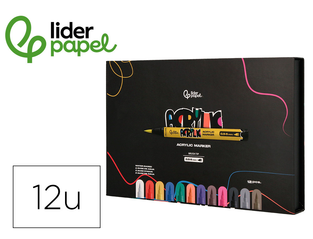 ROTULADOR LIDERPAPEL ACRYLIC BASE AGUA TODO TIPO DE SUPERFICIE PUNTA PINCEL CAJA DE 12 UNIDADES COLORES SURTIDOS
