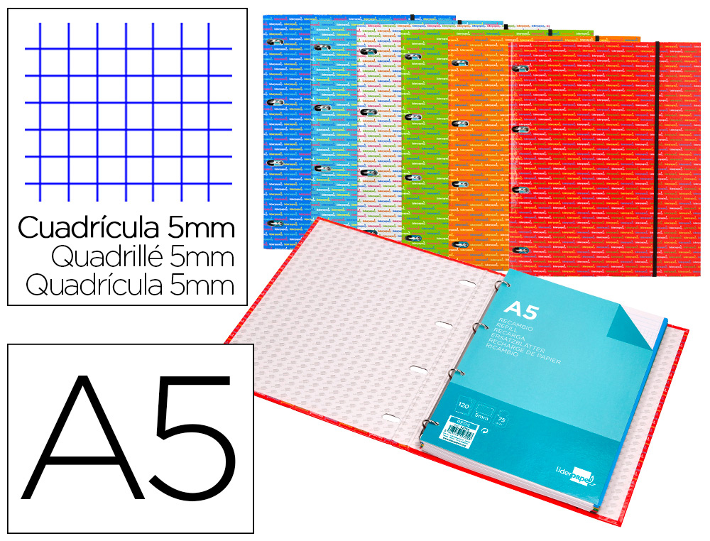 CARPETA CON RECAMBIO LIDERPAPEL A5 CUADRO 5MM FORRADA 4 ANILLAS 20MM