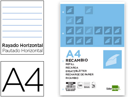RECAMBIO LIDERPAPEL A4 120 HOJAS 70GR HORIZONTAL SIN MA RGEN 4 TALADROS BANDAS DE 5 COLORES