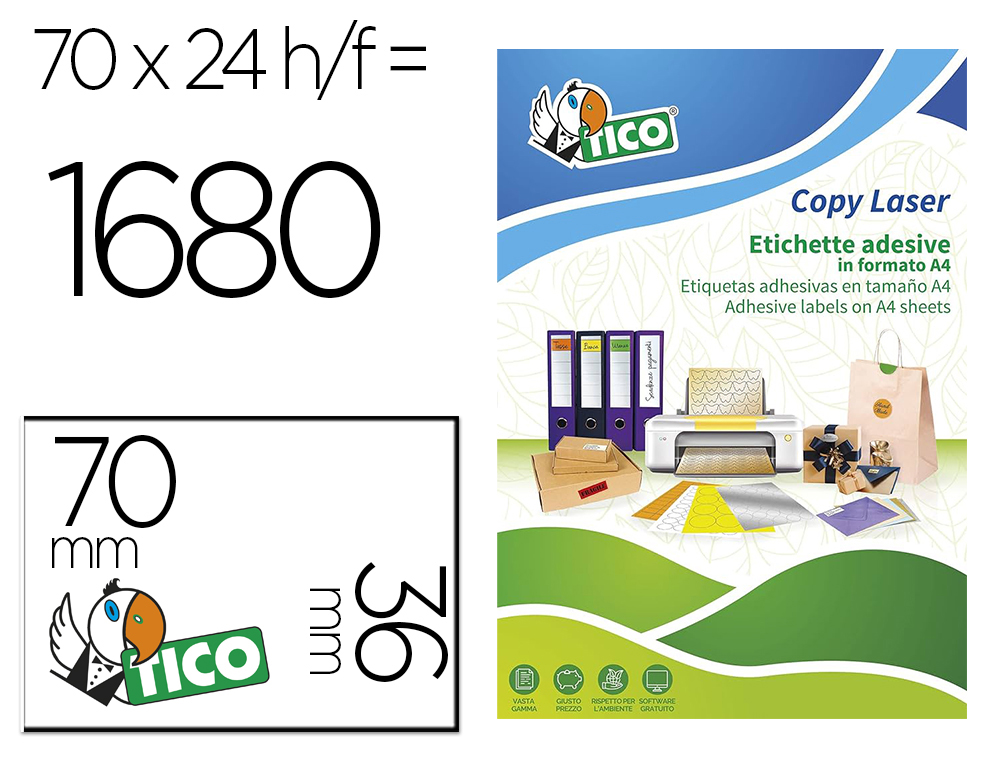 ETIQUETA ADHESIVA TICO VERDE FLUOR PERMANENTE FSC LASER/ INKJET/FOTOCOPIA 70X36 MM CAJA DE 1680 UNIDADES