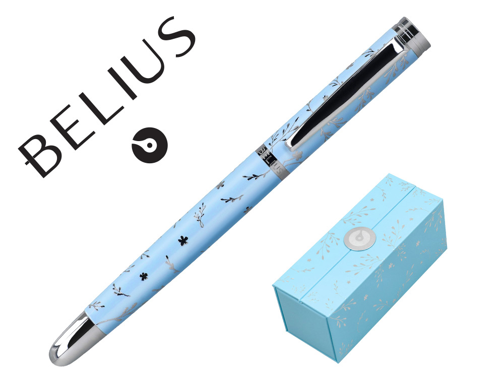 PLUMA BELIUS BELLA ALUMINIO COLOR AZUL CELESTE DISEO PLATEADO RELIEVE TINTA AZUL CAJA DE DISEO