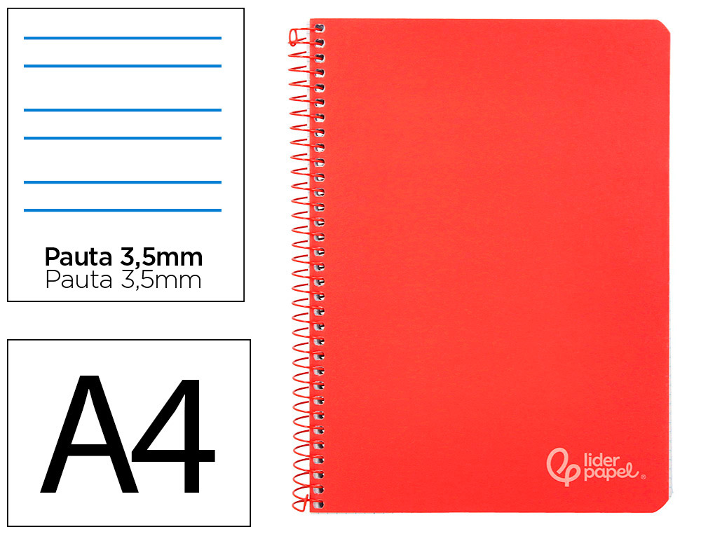 CUADERNO ESPIRAL LIDERPAPEL A4 WITTY TAPA DURA 80H 90GR PAUTA 3,5MM CON MARGEN COLOR ROJO