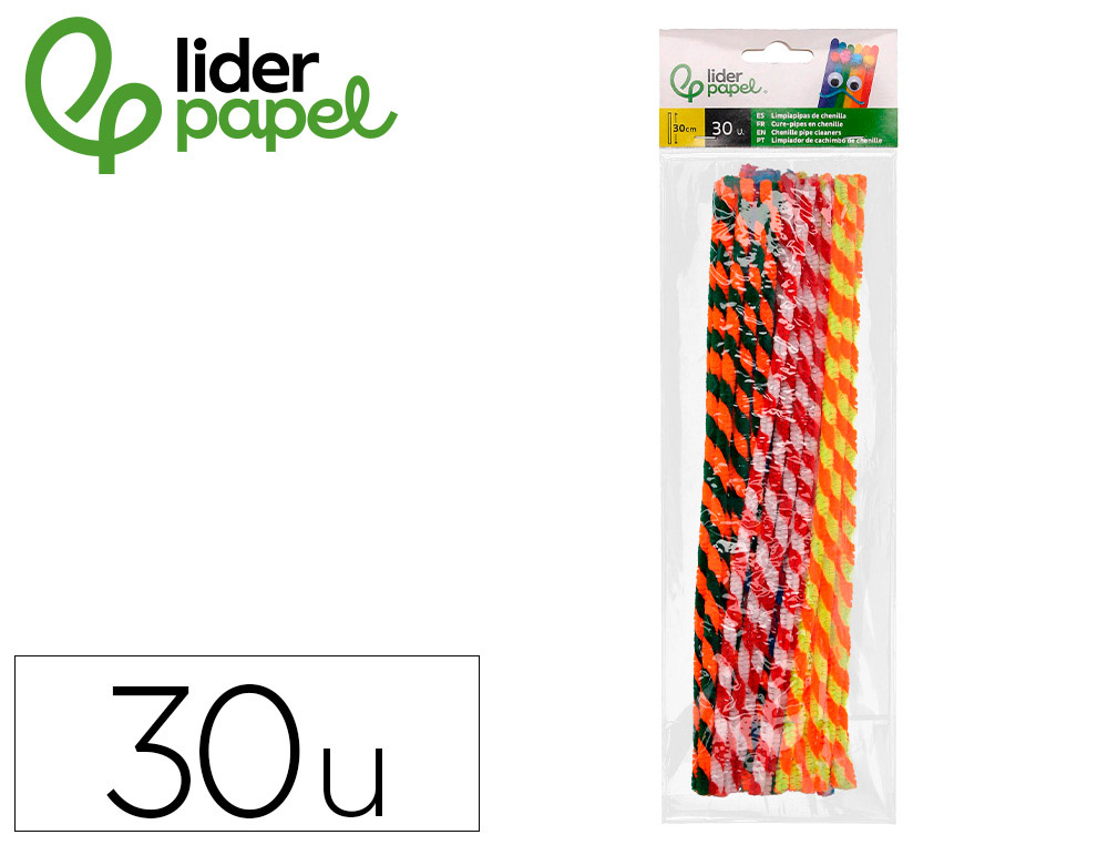 LIMPIAPIPAS DE CHENILLA LIDERPAPEL 30 CM DOS COLORES MATE SURTIDOS BOLSA DE 30 UNIDADES