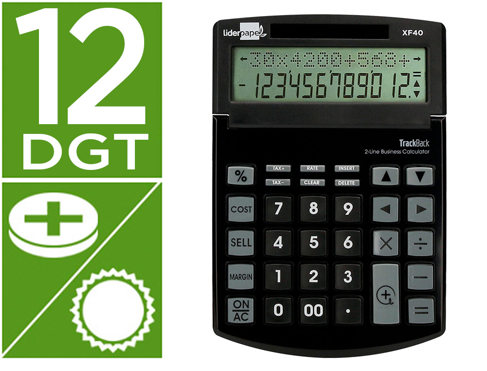 CALCULADORA LIDERPAPEL SOBREMESA XF40 12 DIGITOS DOS LINEAS SOLAR Y PILAS NEGRO 175X120X30 MM 40% RECICLADA