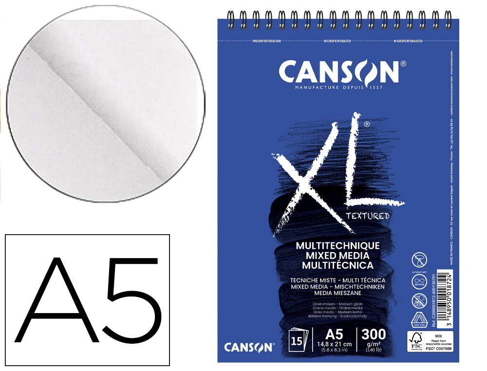 BLOC DIBUJO ACUARELA CANSON XL MIX MEDIA GRANO MEDIO DIN A5 15 HOJAS 300 GR