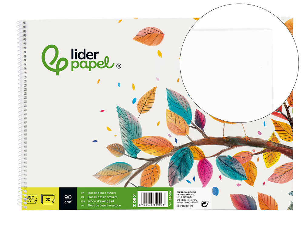 BLOC DIBUJO LIDERPAPEL ESCOLAR ESPIRAL 230X325MM 20 HOJAS 90G M2 SIN RECUADRO