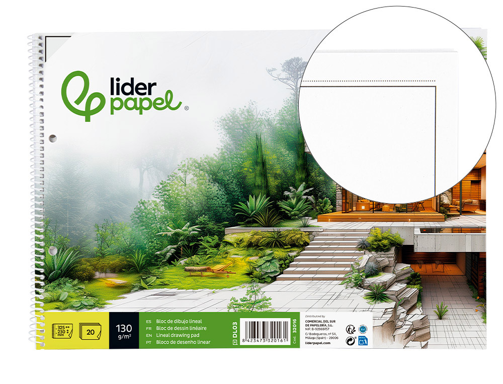 BLOC DIBUJO LIDERPAPEL LINEAL ESPIRAL 230X325MM 20 HOJAS 130G/M2 CON RECUADRO 2 TALADROS PERFORADO