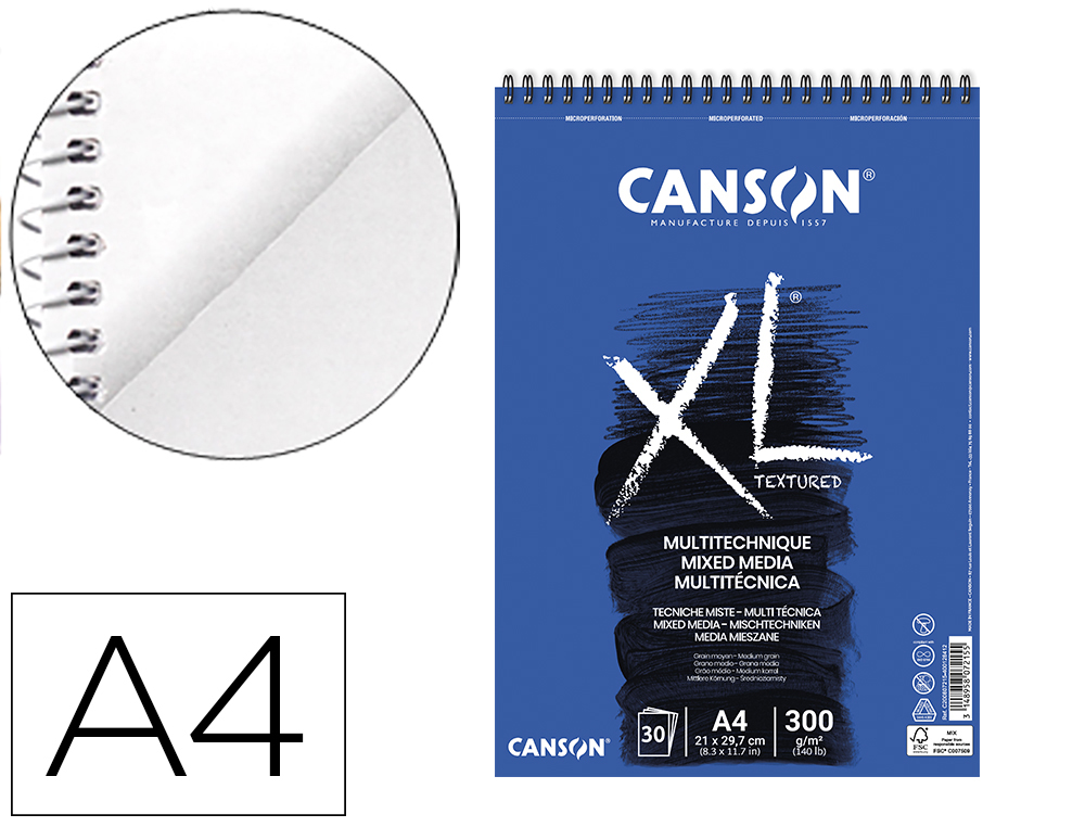 BLOC DIBUJO ACUARELA CANSON XL MIX MEDIA GRANO MEDIO DIN A4 MICROPERFORADO ESPIRAL 21X29,7 CM 30 HOJAS 300 GR