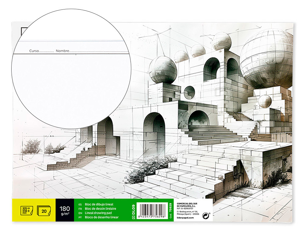 BLOC DIBUJO LIDERPAPEL LINEAL ENCOLADO 230X325MM 20 HOJAS 180 G/M2 CON RECUADRO