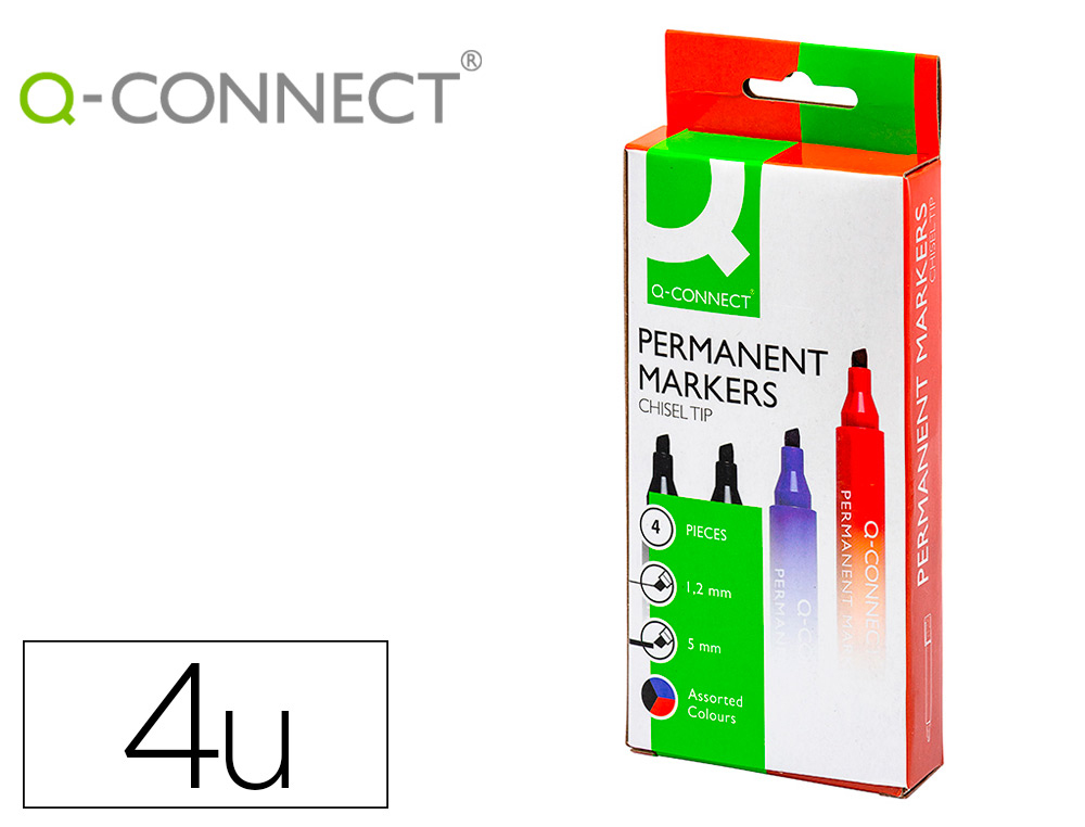 ROTULADOR Q-CONNECT MARCADOR PERMANENTE ESTUCHE DE 4 COLORES SURTIDOS PUNTA BISELADA 5.0 MM